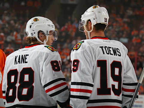 Jonathan Toews #19 and Patrick Kane #88 of the Chicago Blackhawks (Photo by Bruce Bennett/Getty Images)