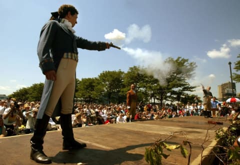 For the 200th anniversary of the Burr-Hamilton duel, Antonio Burr and Douglas Hamilton, a fifth-great-grandson of Alexander Hamilton, reenacted the scene in Weehawken, New Jersey.