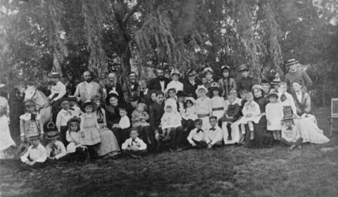 Alexander Graham Bell with teachers and students from the Scott Circle School for deaf children in Washington, D.C.