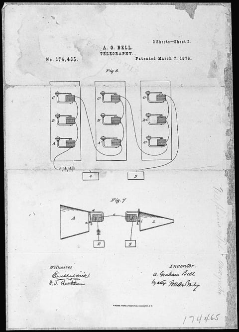 A drawing of a telephone from Alexander Graham Bell's original patent from March 1876.