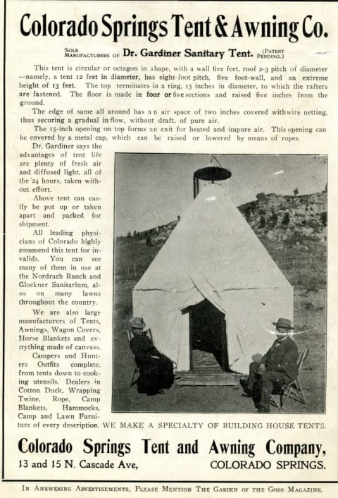 Gardiner Sanitary Tents are advertised in The Garden of the Gods magazine in 1902.