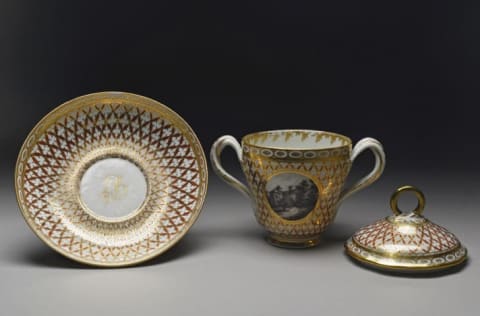 Porcelain chocolate cups and saucers from late 18th-century England.