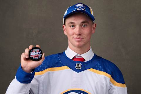 MONTREAL, QUEBEC – JULY 07: Noah Ostlund, #16 pick by the Buffalo Sabres, poses for a portrait during the 2022 Upper Deck NHL Draft at Bell Centre on July 07, 2022 in Montreal, Quebec, Canada. (Photo by Minas Panagiotakis/Getty Images)