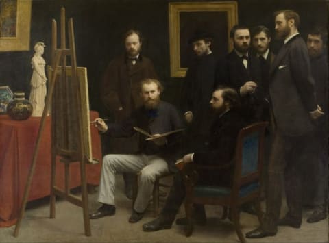 Édouard Manet paints in his studio, surrounded by Claude Monet, Pierre-Auguste Renoir, and other 19th-century artists.