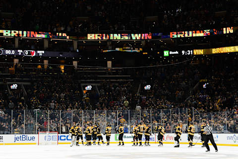 BOSTON, MA – OCTOBER 12: The Boston Bruins celebrate after beating the New Jersey Devils at TD Garden on October 12, 2019 in Boston, Massachusetts. (Photo by Kathryn Riley/Getty Images)