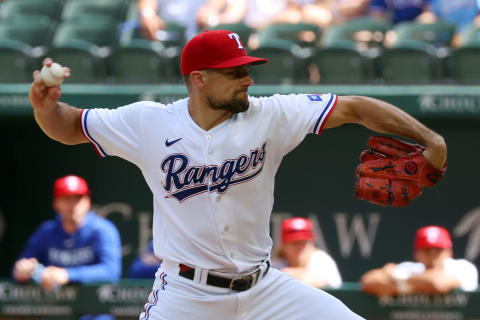 ARLINGTON, TEXAS – APRIL 01: Nathan Eovaldi #17 of the Texas Rangers pitches against the Philadelphia Phillies in the first inning of a baseball game at Globe Life Field on April 01, 2023 in Arlington, Texas. (Photo by Richard Rodriguez/Getty Images)