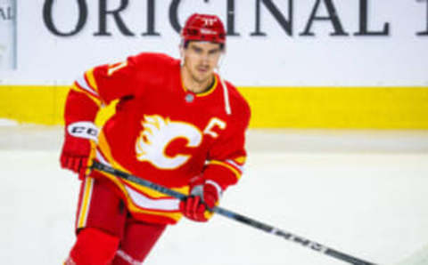 Oct 26, 2023; Calgary, Alberta, CAN; Calgary Flames center Mikael Backlund (11) skates during the warmup period against the St. Louis Blues at Scotiabank Saddledome. Mandatory Credit: Sergei Belski-USA TODAY Sports