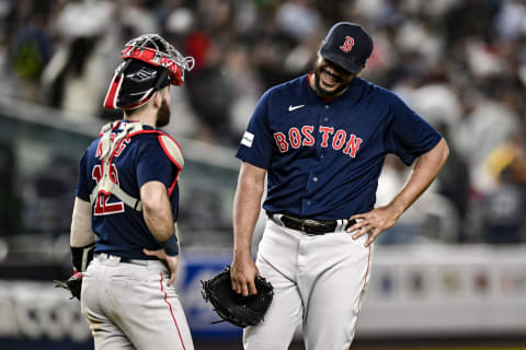 Jun 9, 2023; Bronx, New York, USA; Boston Red Sox relief pitcher Kenley Jansen (74) chats with Boston Red Sox catcher Connor Wong (12) after getting the games final out against the New York Yankees at Yankee Stadium. Mandatory Credit: John Jones-USA TODAY Sports