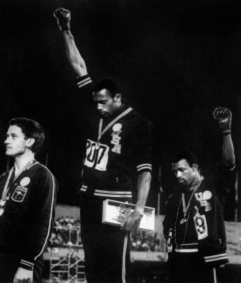 From left to right: Peter Norman, Tommie Smith, and John Carlos at the 1968 Olympic medal ceremony for the 200-meter dash.