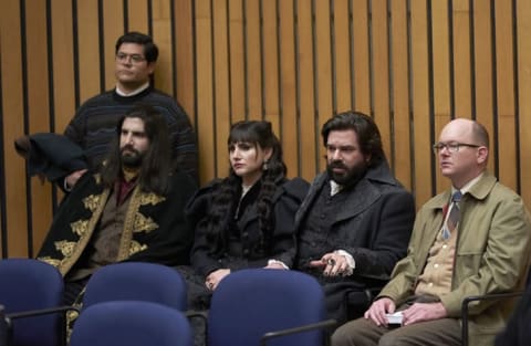 Harvey Guillén, Kayvan Novak, Natasia Demetriou, Matt Berry, and Mark Proksch in What We Do in the Shadows.