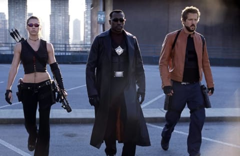 Jessica Biel, Wesley Snipes, and Ryan Reynolds in Blade: Trinity (2004).