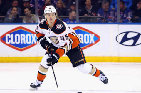 NEW YORK, NEW YORK – MARCH 15: Trevor Zegras #46 of the Anaheim Ducks skates against the New York Rangers at Madison Square Garden on March 15, 2022 in New York City. (Photo by Bruce Bennett/Getty Images)