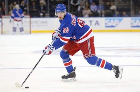 Sep 29, 2016; New York, NY, USA; New York Rangers right wing Pavel Buchnevich (89) in action against the New Jersey Devils at Madison Square Garden. Mandatory Credit: Brad Penner-USA TODAY Sports