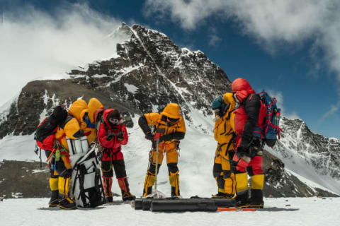 Mariusz Potocki and members of the National Geographic and Rolex Perpetual Planet Everest Expedition team collect the highest-ever ice core at 8020 meters (26,312 feet) near the South Col of Everest.