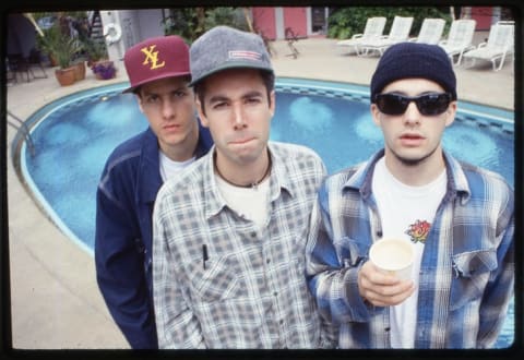 Mike Diamond, Adam Yauch, and Adam Horovitz circa 1993 in a still from Apple TV+'s Beastie Boys Story (2020).