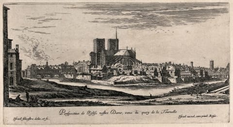 A 17th-century etching of Notre-Dame with its original spire.