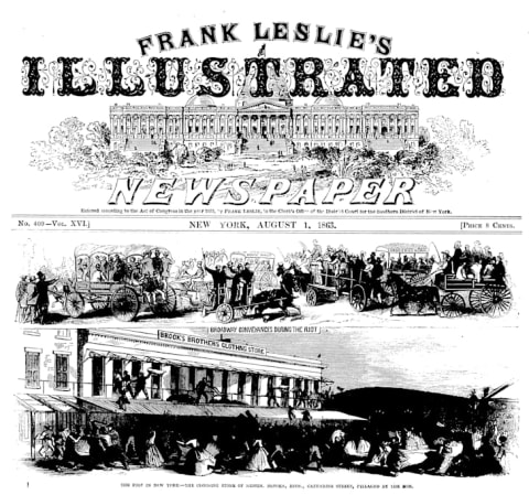 An illustration of looters throwing trousers and other garments out of the Brooks Brothers store during New York City's draft riots appeared on the front page of Frank Leslie's Illustrated Newspaper on August 1, 1863.