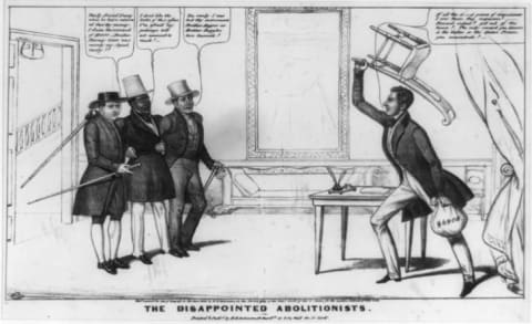 A political cartoon depicting a slave owner raging against Ruggles and two other abolitionists who had helped one of his servants escape.