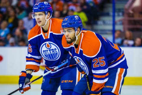 Feb 13, 2016; Edmonton, Alberta, CAN; Edmonton Oilers defenseman Darnell Nurse (25) against the Winnipeg Jets during the first period at Rexall Place. Winnipeg Jets won 2-1. Mandatory Credit: Sergei Belski-USA TODAY Sports