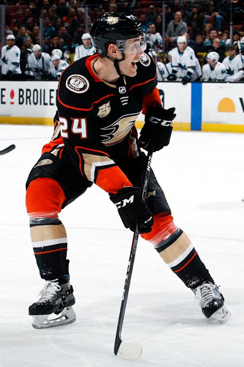 ANAHEIM, CA – MARCH 22: Carter Rowney #24 of the Anaheim Ducks skates during the game against the San Jose Sharks on March 22, 2019, at Honda Center in Anaheim, California. (Photo by Debora Robinson/NHLI via Getty Images)