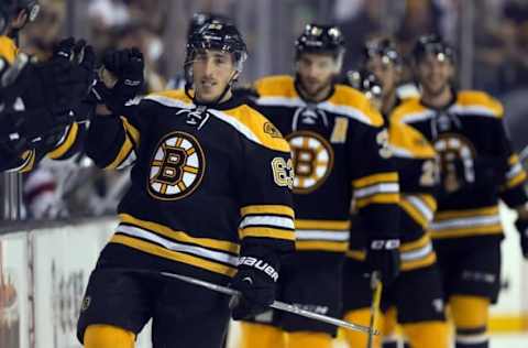 NHL Team Name Origins: Boston Bruins left wing Brad Marchand (63) is congratulated  after scoring a goal against the Devils at TD Garden. Mandatory Credit: Winslow Townson-USA TODAY Sports