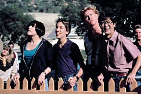 Michelle Meyrink, Gabriel Jarret, Val Kilmer, and Mark Kamiyama in Real Genius (1985).