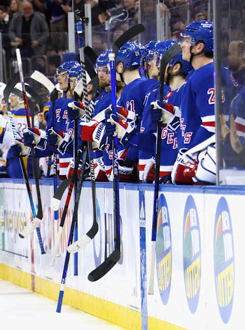 NEW YORK, NEW YORK – APRIL 10: The New York Rangers tap the boards during the game against the Buffalo Sabres at Madison Square Garden on April 10, 2023, in New York City. The Sabres defeated the Rangers 3-2 in the shootout. (Photo by Bruce Bennett/Getty Images)