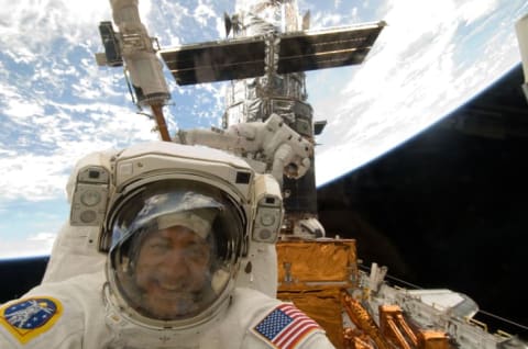 NASA astronaut Mike Massimino smiles during some extravehicular activity (EVA).