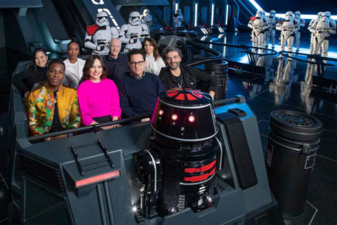 The cast of Star Wars: The Rise of Skywalker (2019) previewing the Star Wars: Rise of the Resistance attraction in Star Wars: Galaxys Edge.