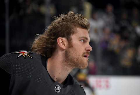 Jon Merrill of the Vegas Golden Knights skates during warmups before a game against the Los Angeles Kings at T-Mobile Arena.