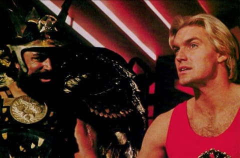 Brian Blessed and Sam J. Jones in Flash Gordon (1980).