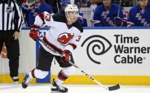 Sep 29, 2016; New York, NY, USA; New Jersey Devils defenseman Yohann Auvitu (33) in action against the New York Rangers at Madison Square Garden. Mandatory Credit: Brad Penner-USA TODAY Sports