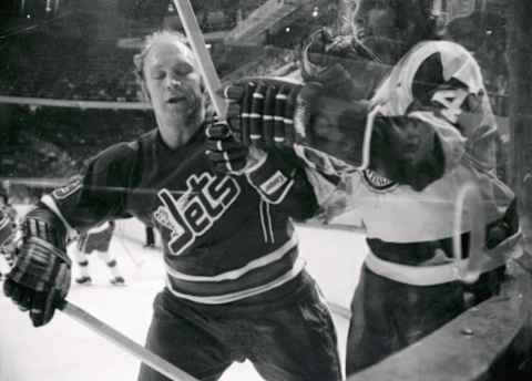 (Original Caption) Bobby Hull, of the Winnipeg Jets, is shown in an action shot.