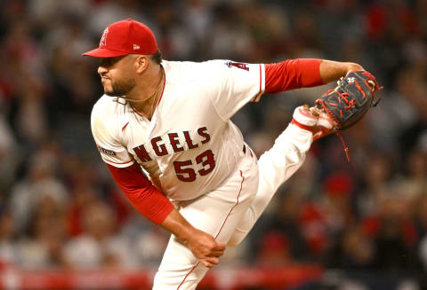 Jun 8, 2023; Anaheim, California, USA; Los Angeles Angels relief pitcher Carlos Estevez (53) earns his 16th save in the ninth inning against the Chicago Cubs at Angel Stadium. Mandatory Credit: Jayne Kamin-Oncea-USA TODAY Sports