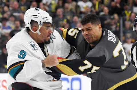 LAS VEGAS, NEVADA – APRIL 14: Evander Kane #9 of the San Jose Sharks and Ryan Reaves #75 of the Vegas Golden Knights fight in the third period of Game Three of the Western Conference First Round during the 2019 NHL Stanley Cup Playoffs at T-Mobile Arena on April 14, 2019 in Las Vegas, Nevada. The Golden Knights defeated the Sharks 6-3 to take a 2-1 lead in the series. (Photo by Ethan Miller/Getty Images)