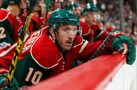 Apr 4, 2017; Saint Paul, MN, USA; Minnesota Wild forward Jordan Schroeder (10) in the third period against the Carolina Hurricanes at Xcel Energy Center. The Minnesota Wild beat the Carolina Hurricanes 5-3. Mandatory Credit: Brad Rempel-USA TODAY Sports