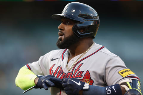 OAKLAND, CALIFORNIA – MAY 30: Marcell Ozuna #20 of the Atlanta Braves looks on after an at bat against the Oakland Athletics at RingCentral Coliseum on May 30, 2023 in Oakland, California. (Photo by Lachlan Cunningham/Getty Images)