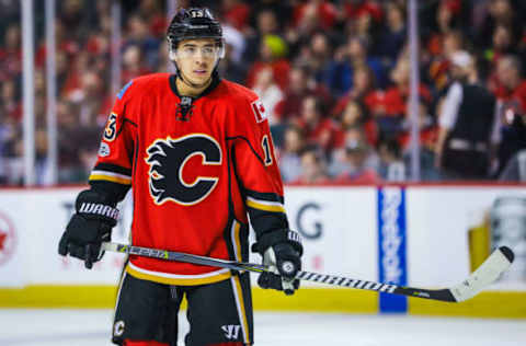 Feb 28, 2017; Calgary, Alberta, CAN; Calgary Flames left wing Johnny Gaudreau (13) during the first period against the Los Angeles Kings at Scotiabank Saddledome. Mandatory Credit: Sergei Belski-USA TODAY Sports