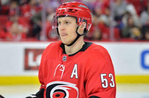 RALEIGH, NC – JANUARY 21: Carolina Hurricanes Left Wing Jeff Skinner (53) skates during a game between the Vegas Golden Knights and the Carolina Hurricanes at the PNC Arena in Raleigh, NC on January 21, 2018. Vegas defeated Carolina 5-1. (Photo by Greg Thompson/Icon Sportswire via Getty Images)