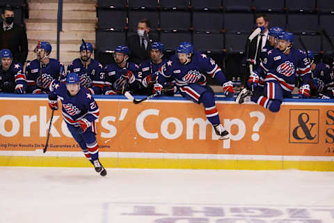 Players jump over the boards as they change lines. The Rochester Americans hosted the Utica Comets at the War Memorial at Blue Cross Arena in Rochester on March 3, 2021. Because of COVID-19 they are currently not allowing fans to watch the game in person. The games can be heard on ESPN Rochester radio station or AHLTV.Amerks Covid Game