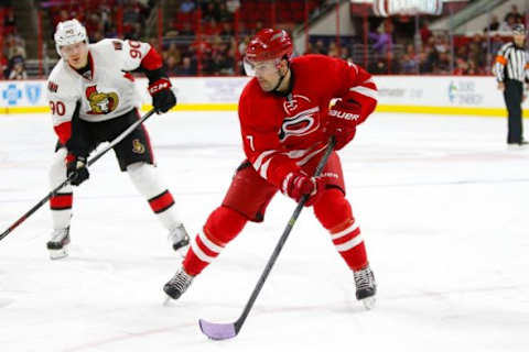 Nov 7, 2015; Raleigh, NC, USA; Carolina Hurricanes defensemen Ryan Murphy (7) skates with the puck against the Ottawa Senators at PNC Arena. The Carolina Hurricanes defeated the Ottawa Senators 3-2 in overtime. Mandatory Credit: James Guillory-USA TODAY Sports