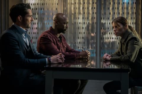 Tom Ellis as Lucifer Morningstar, D.B. Woodside as Amenadiel, and Lauren German as Chloe Decker in Lucifer.