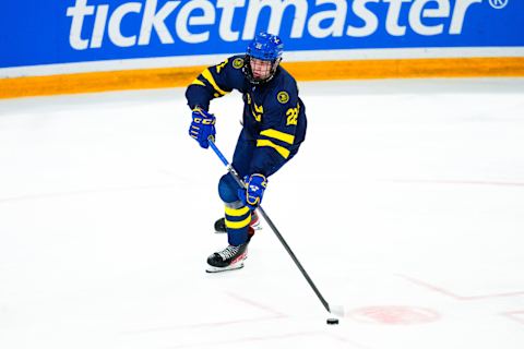 Anton Wahlberg in action during the U18 Ice Hockey World Championship final. (Photo by Jari Pestelacci/Eurasia Sport Images/Getty Images)