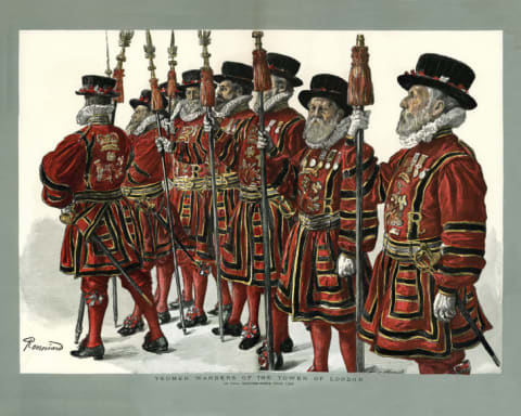 A 19th-century illustration of the vibrantly clad Yeomen Warders at the Tower of London.