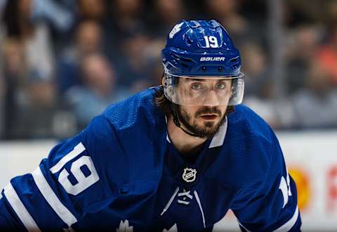 TORONTO, ON – MARCH 13: Nic Petan #19 of the Toronto Maple Leafs sets for face-off against the Chicago Blackhawks during the second period at the Scotiabank Arena on March 13, 2019 in Toronto, Ontario, Canada. (Photo by Kevin Sousa/NHLI via Getty Images)