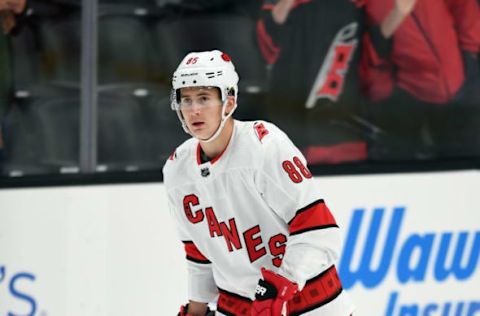 ANAHEIM, CA – OCTOBER 18: Carolina Hurricanes right wing Martin Necas (88) on the ice during warm-ups before a game against the Anaheim Ducks played on October 18, 2019 at the Honda Center in Anaheim, CA. (Photo by John Cordes/Icon Sportswire via Getty Images)