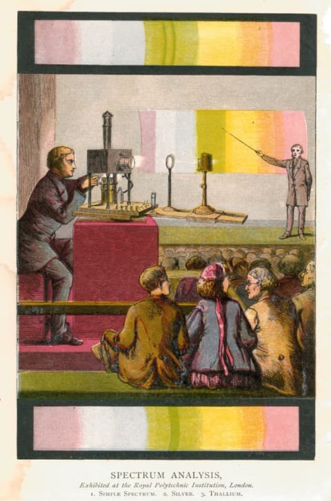 Cyclopaedic Science Simplified (1873) by John Henry Pepper illustrated some of his science demonstrations conducted at the Royal Polytechnic Institution in London, like this one involving spectrum analysis.