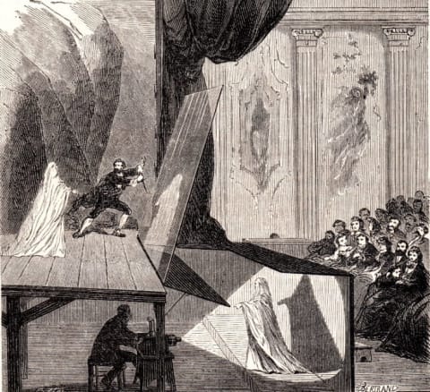 The 'Pepper's Ghost' effect used a large pane of glass to project an image of an actor hidden below the audience's line of sight.