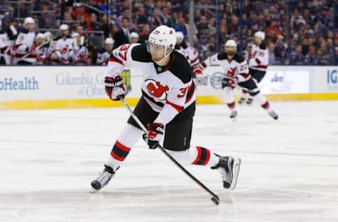 NHL Power Rankings: New Jersey Devils center Pavel Zacha (37) takes a slap shot against the Columbus Blue Jackets during the first period at Nationwide Arena. Mandatory Credit: Russell LaBounty-USA TODAY Sports