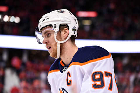 CALGARY, AB – APRIL 06: Edmonton Oilers Center Connor McDavid (97) looks on between plays during the first period of an NHL game where the Calgary Flames hosted the Edmonton Oilers on April 6, 2019, at the Scotiabank Saddledome in Calgary, AB. (Photo by Brett Holmes/Icon Sportswire via Getty Images)